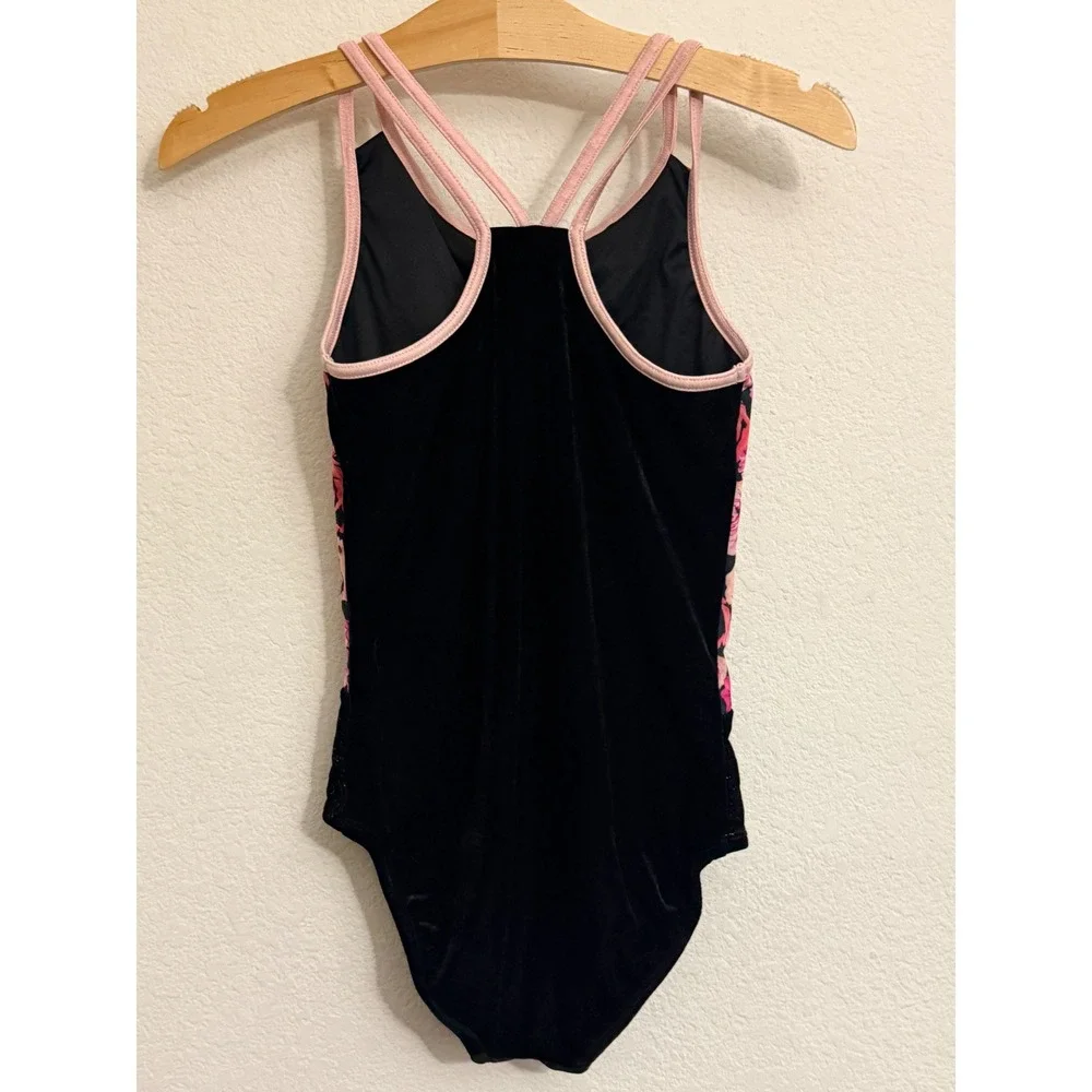 Justice Active Girls Black Velvet Floral Glitter Gymnastics Leotard Size 14